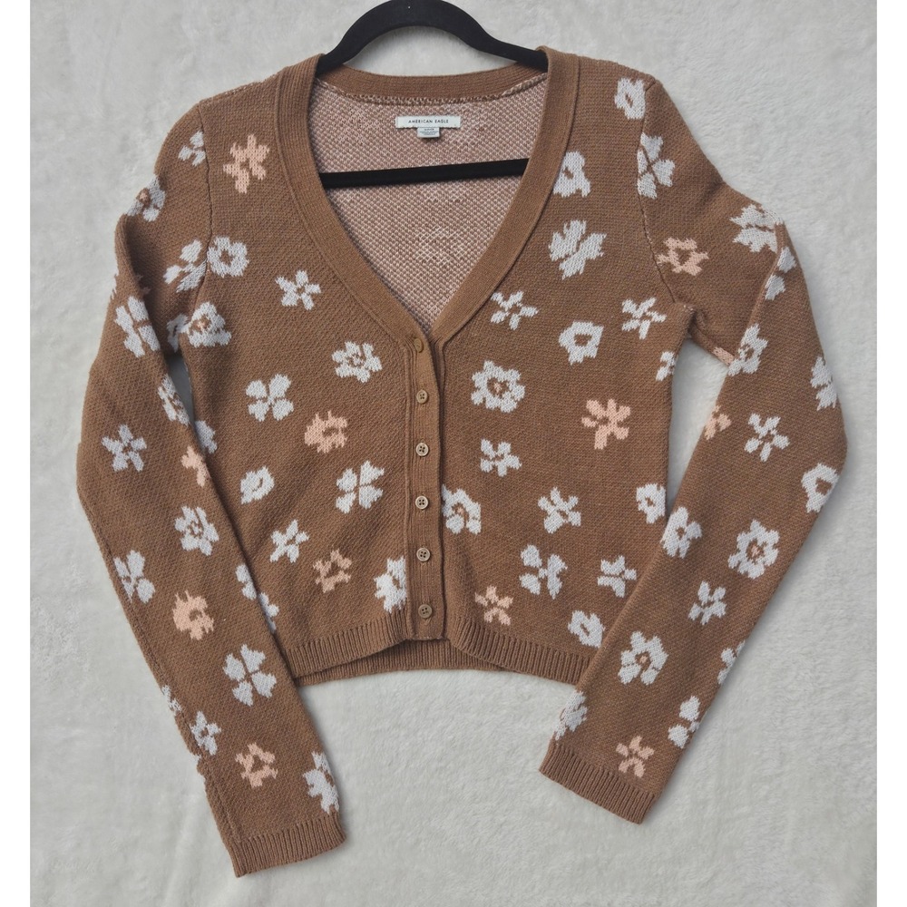 American Eagle Outfitters Brown White Daisy Floral Crop Knit V-Neck Cardigan S